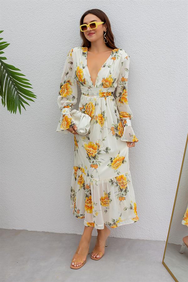 Etek Volan Desenli Elbise - KREM