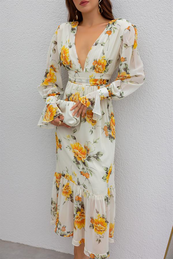 Etek Volan Desenli Elbise - KREM