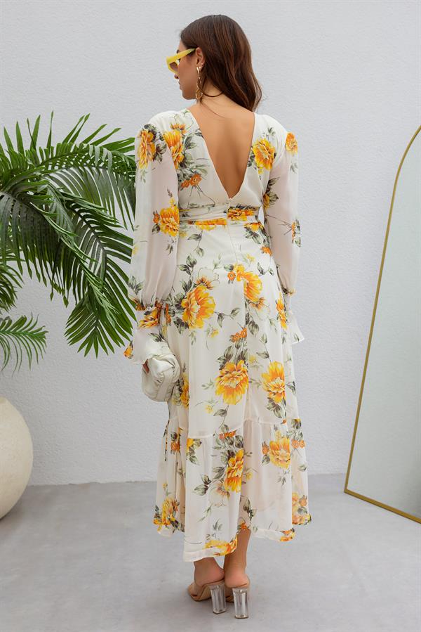 Etek Volan Desenli Elbise - KREM