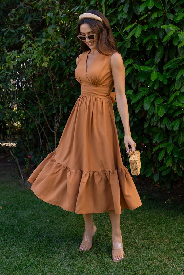 Etek Volanlı Midi Elbise - KİREMİT