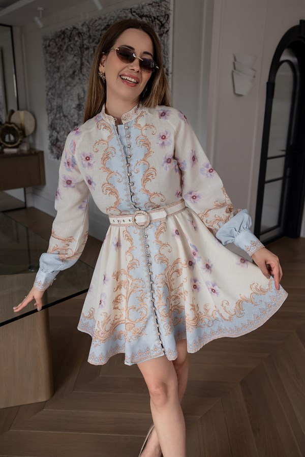 Etnik Desen Elbise - KREM