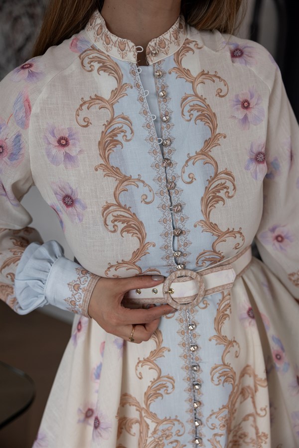 Etnik Desen Elbise - KREM