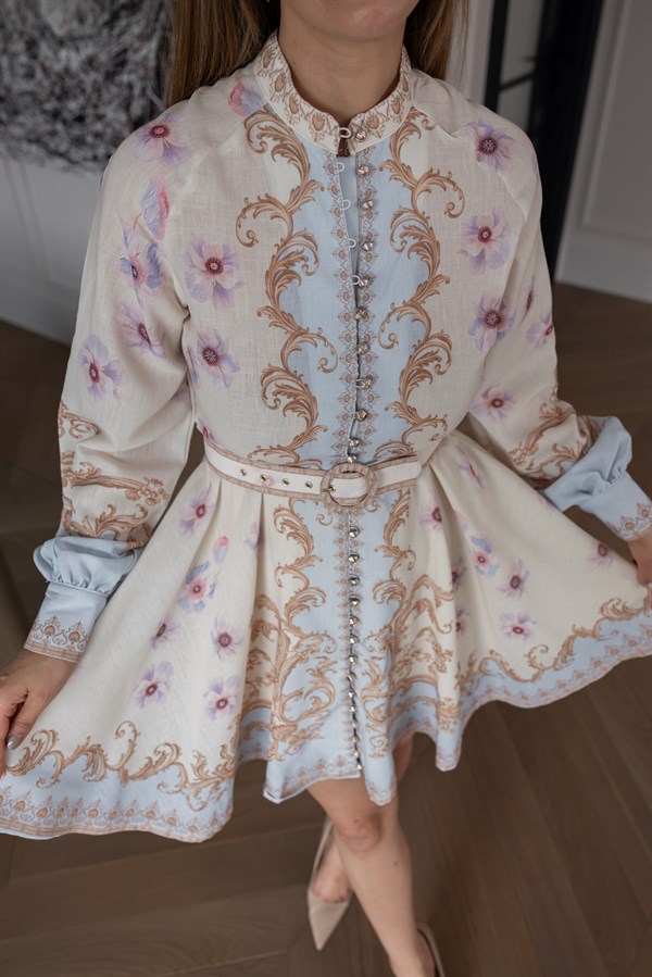 Etnik Desen Elbise - KREM