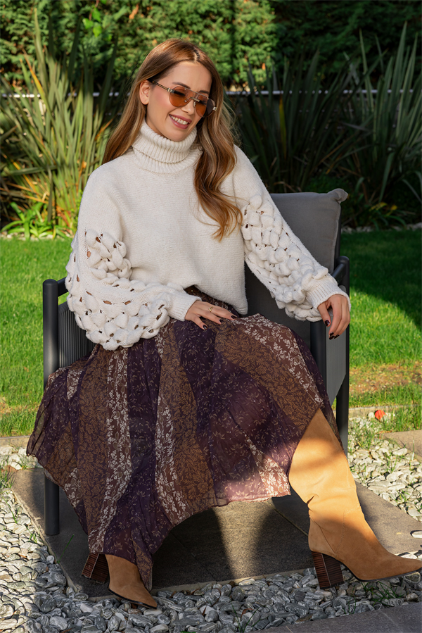 Etnik Desen Şifon Etek - KAHVERENGİ