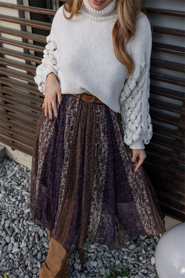 Etnik Desen Şifon Etek - KAHVERENGİ