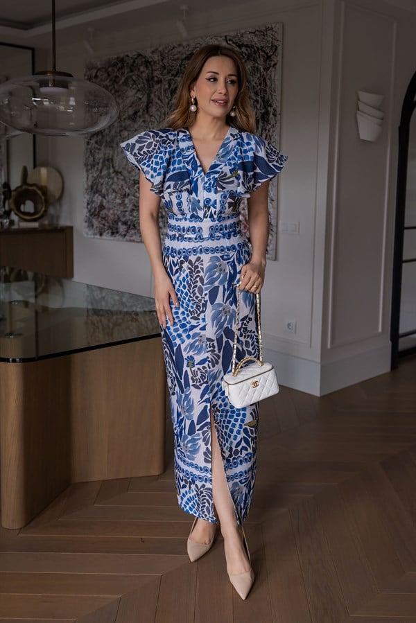 Etnik Desenli Keten Elbise - MAVİ