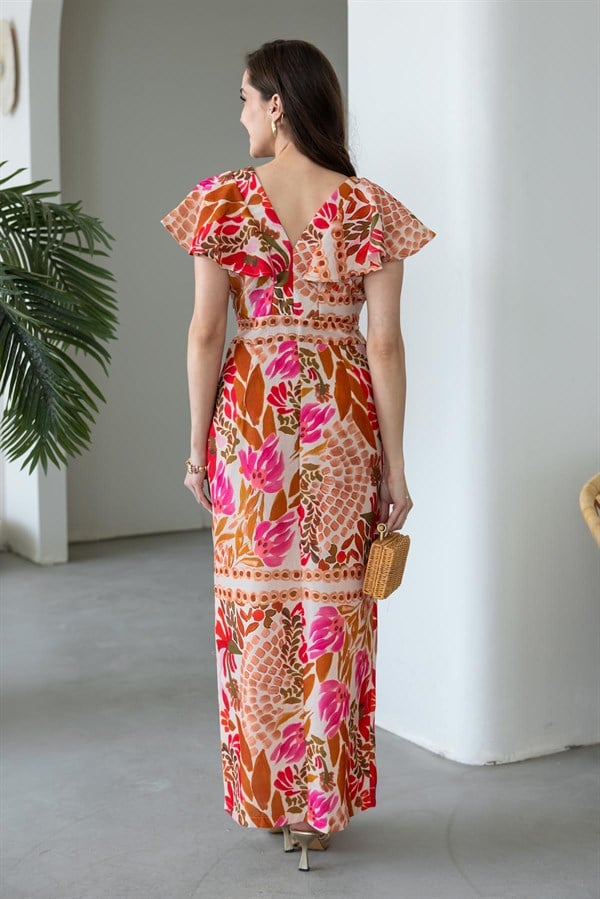 Etnik Desenli Keten Elbise - TURUNCU