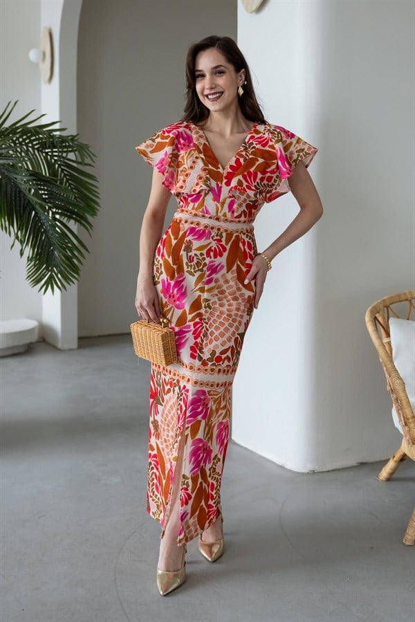 Etnik Desenli Keten Elbise - TURUNCU