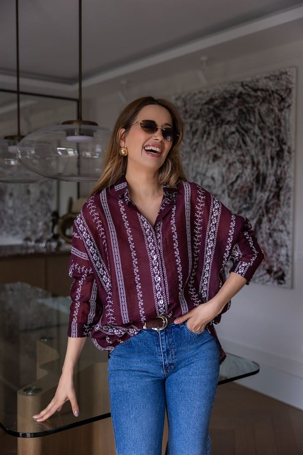 Etnik Desenli Oversize Gömlek - BORDO