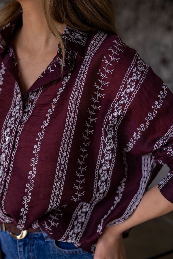 Etnik Desenli Oversize Gömlek - BORDO