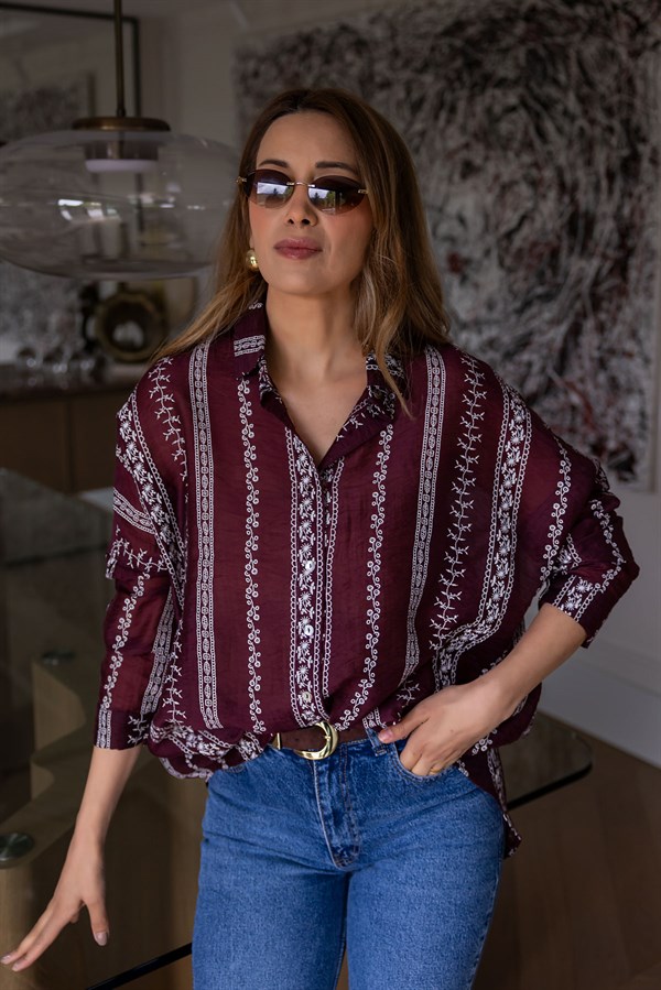 Etnik Desenli Oversize Gömlek - BORDO