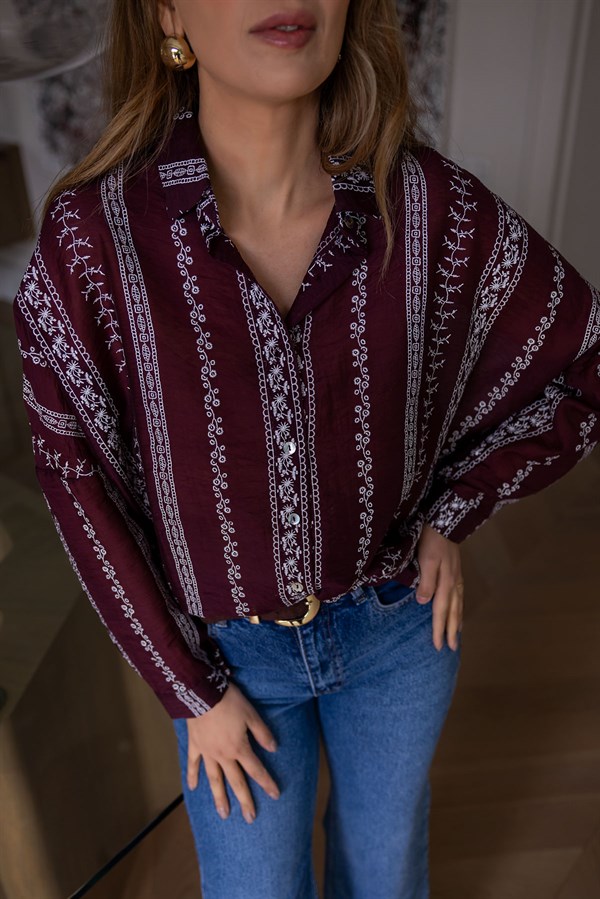 Etnik Desenli Oversize Gömlek - BORDO