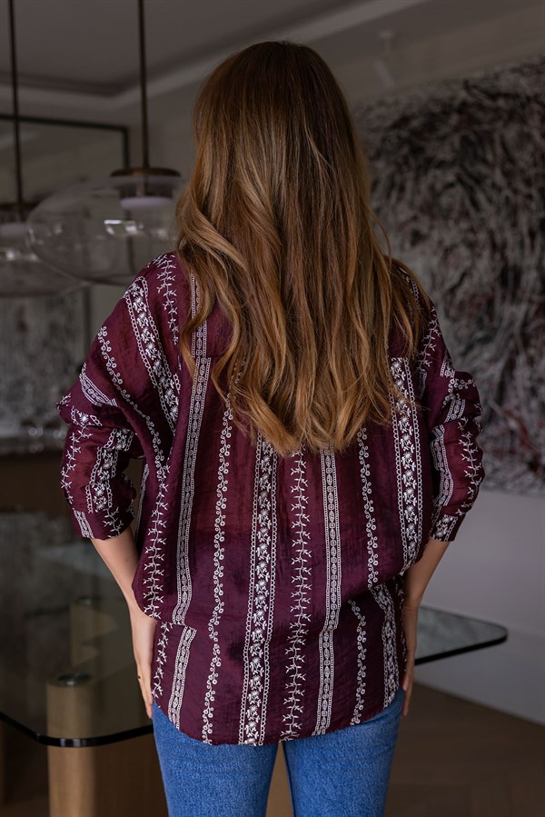 Etnik Desenli Oversize Gömlek - BORDO