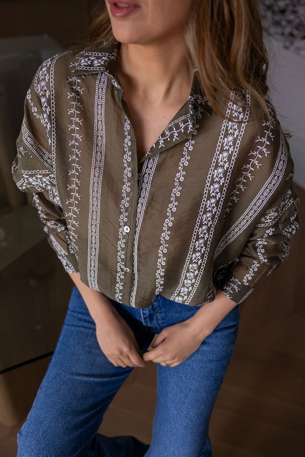 Etnik Desenli Oversize Gömlek - HAKİ