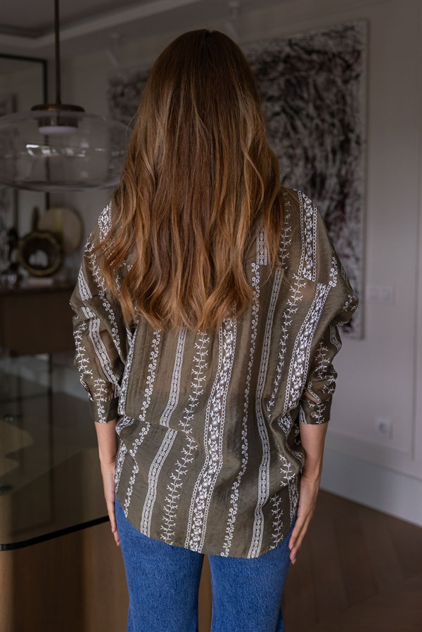 Etnik Desenli Oversize Gömlek - HAKİ