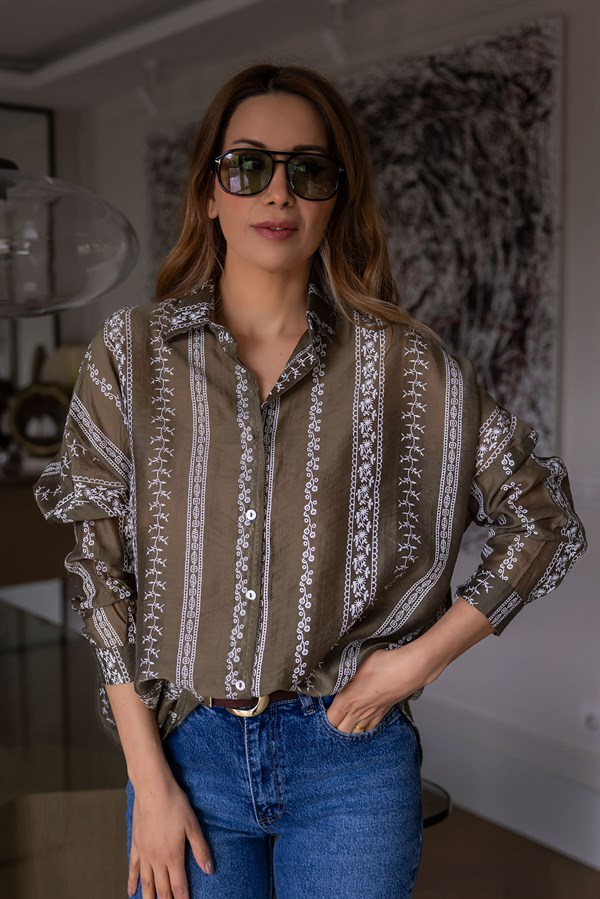 Etnik Desenli Oversize Gömlek - HAKİ