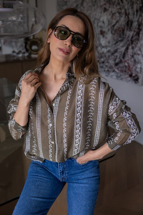 Etnik Desenli Oversize Gömlek - HAKİ