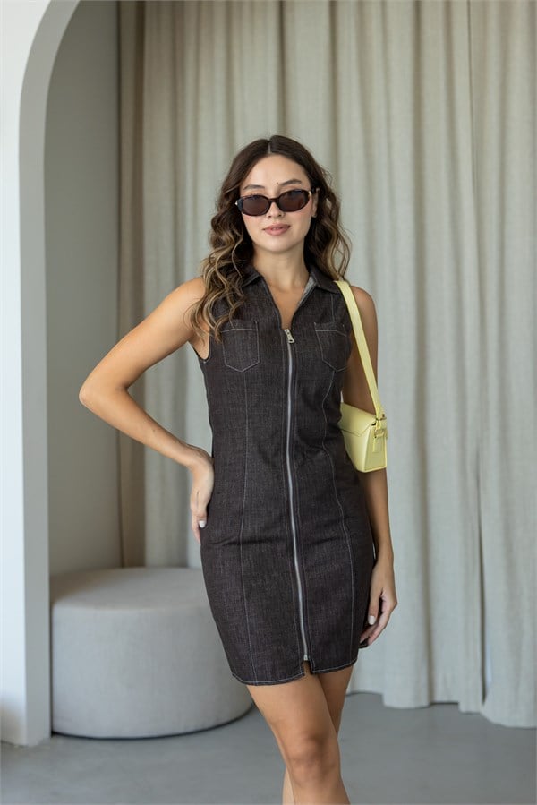 Fermuar Detay Cepli Denim Elbise - KAHVERENGİ