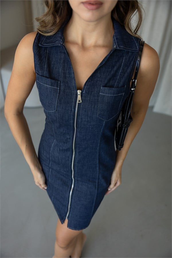 Fermuar Detay Cepli Denim Elbise - LACİVERT