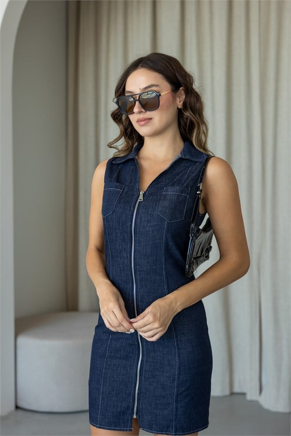 Fermuar Detay Cepli Denim Elbise - LACİVERT