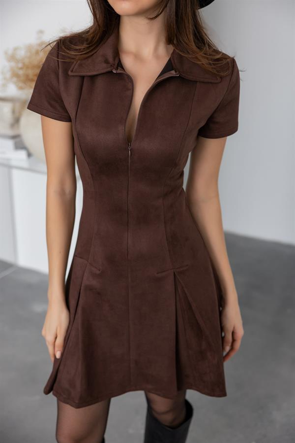 Zip-Up Faux Suede Dress - Brown