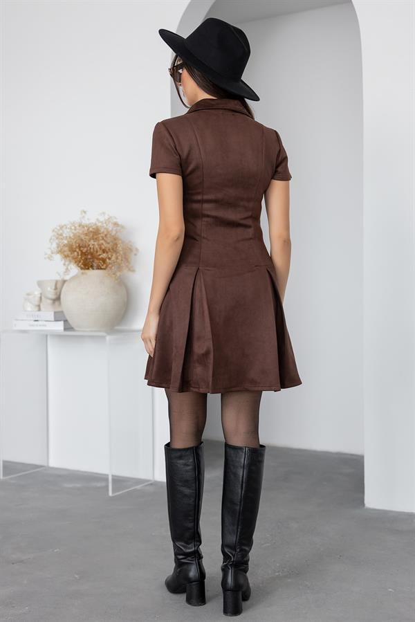 Zip-Up Faux Suede Dress - Brown