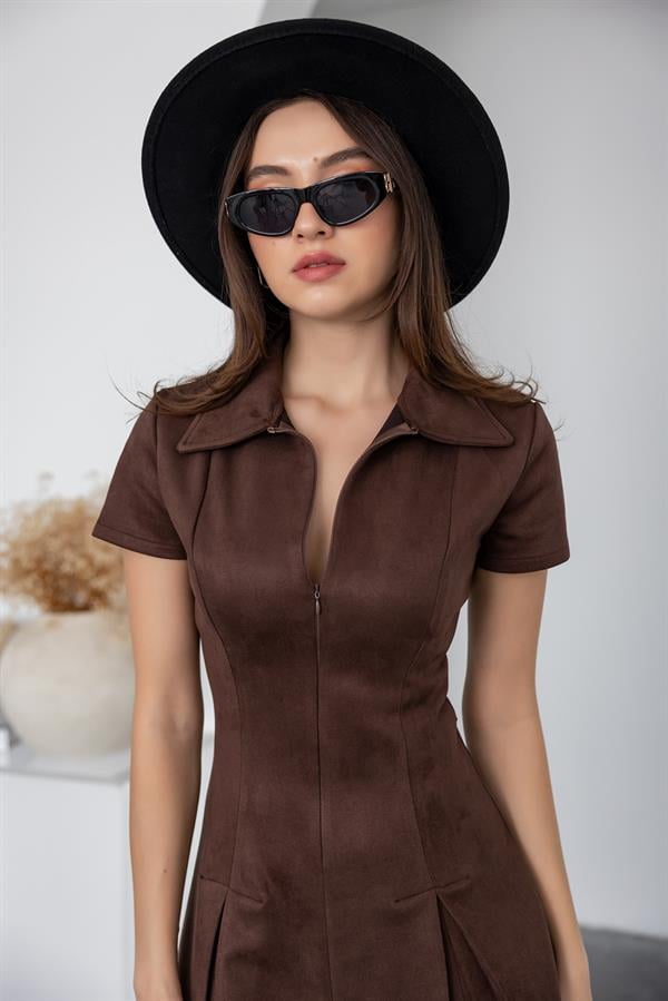 Zip-Up Faux Suede Dress - Brown
