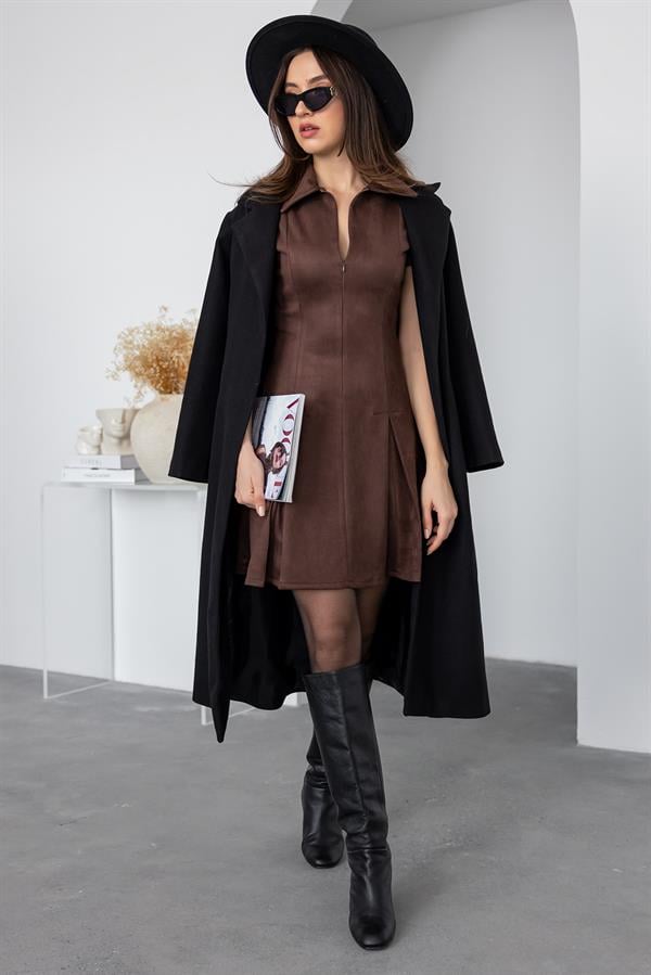 Zip-Up Faux Suede Dress - Brown