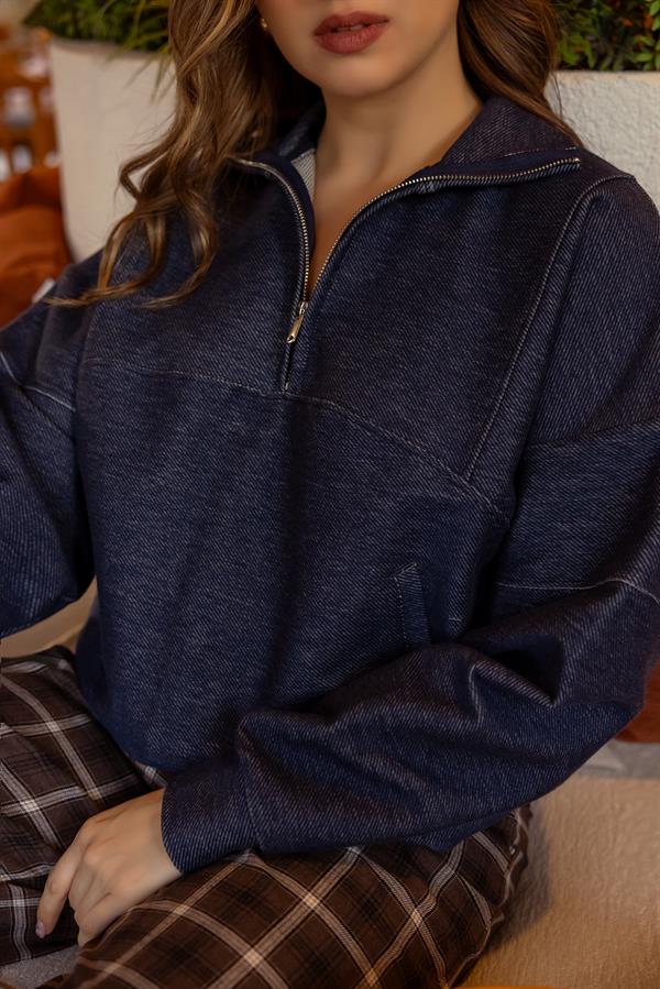 Fermuarlı Cep Detay Sweat - LACİVERT