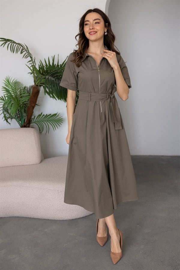 Fermuarlı Tensel Elbise - HAKİ