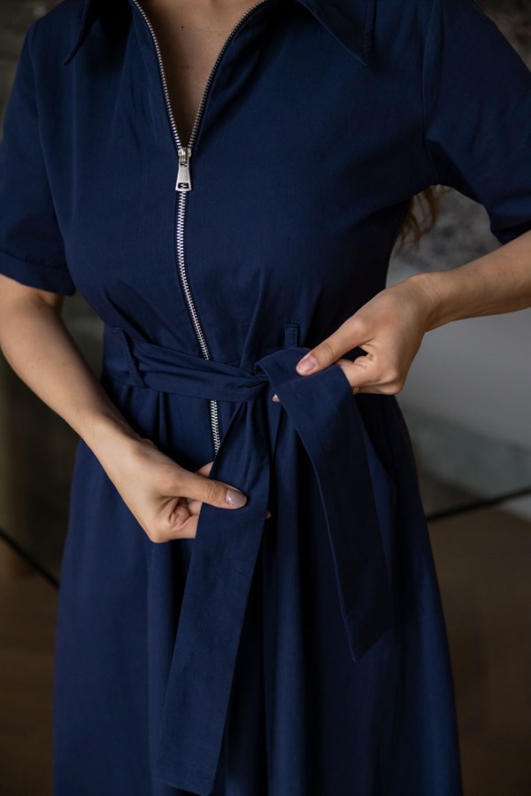 Fermuarlı Tensel Elbise - LACİVERT