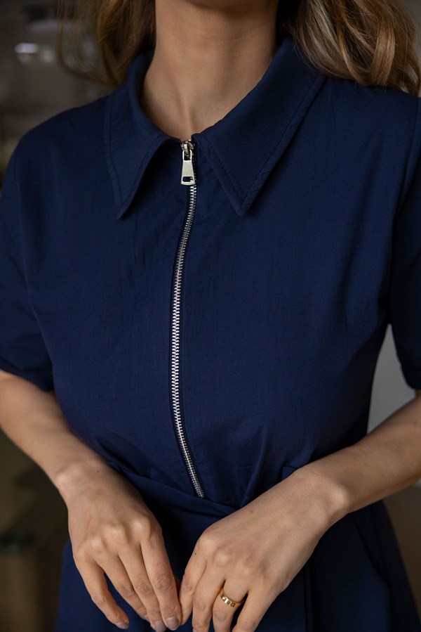 Fermuarlı Tensel Elbise - LACİVERT