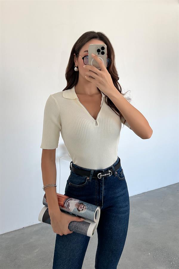 Fermuarlı Triko Bluz - EKRU