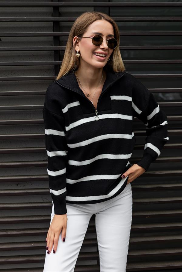 Fermuarlı Triko Kazak - SİYAH