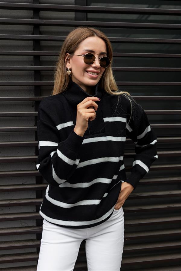 Fermuarlı Triko Kazak - SİYAH