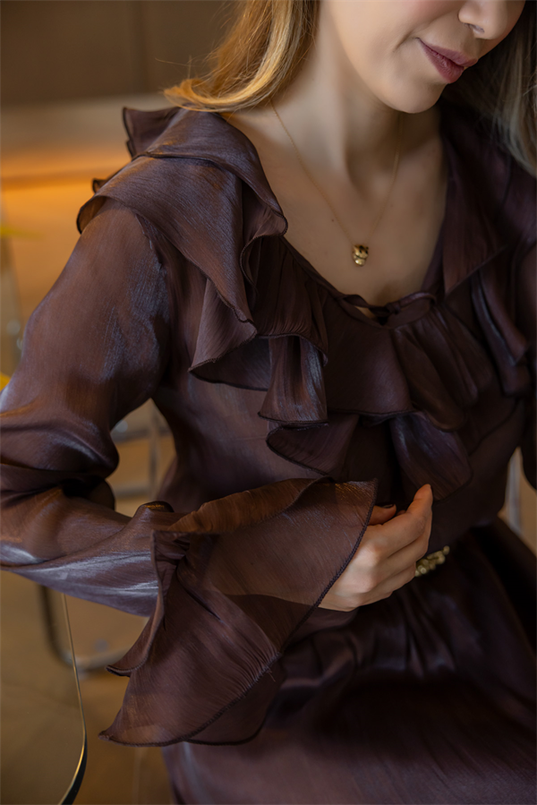 Fırfır Bluz Etekli Takım - KAHVERENGİ