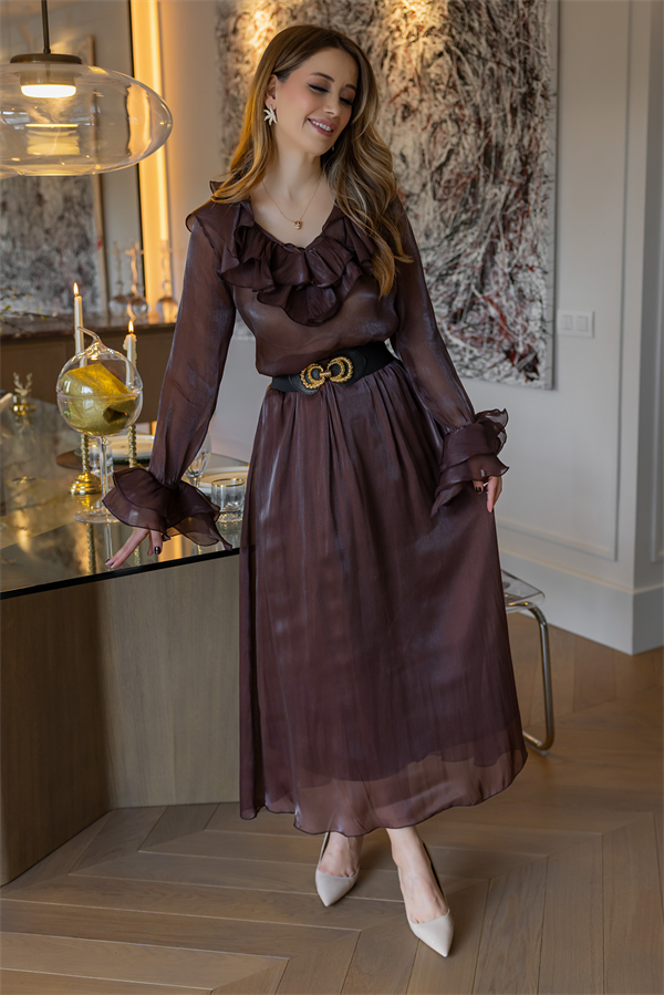 Fırfır Bluz Etekli Takım - KAHVERENGİ