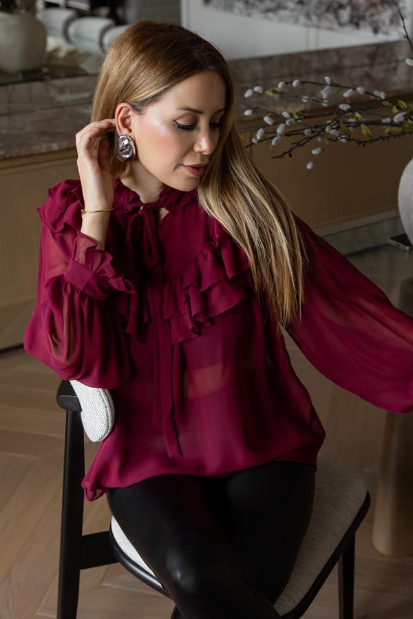 Fırfır Detay Transparan Bluz - BORDO