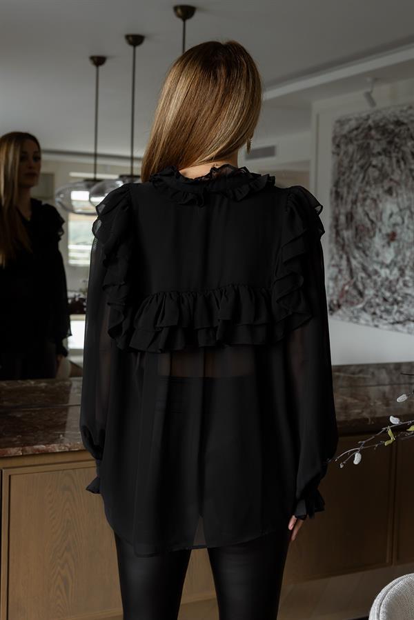 Fırfır Detay Transparan Bluz - SİYAH