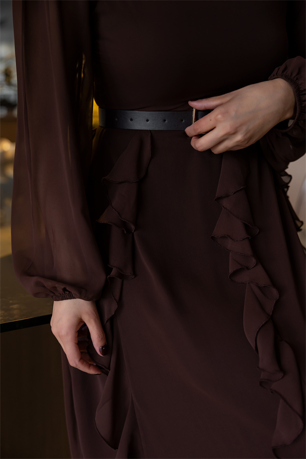 Fırfır Detaylı Şifon Elbise - KAHVERENGİ