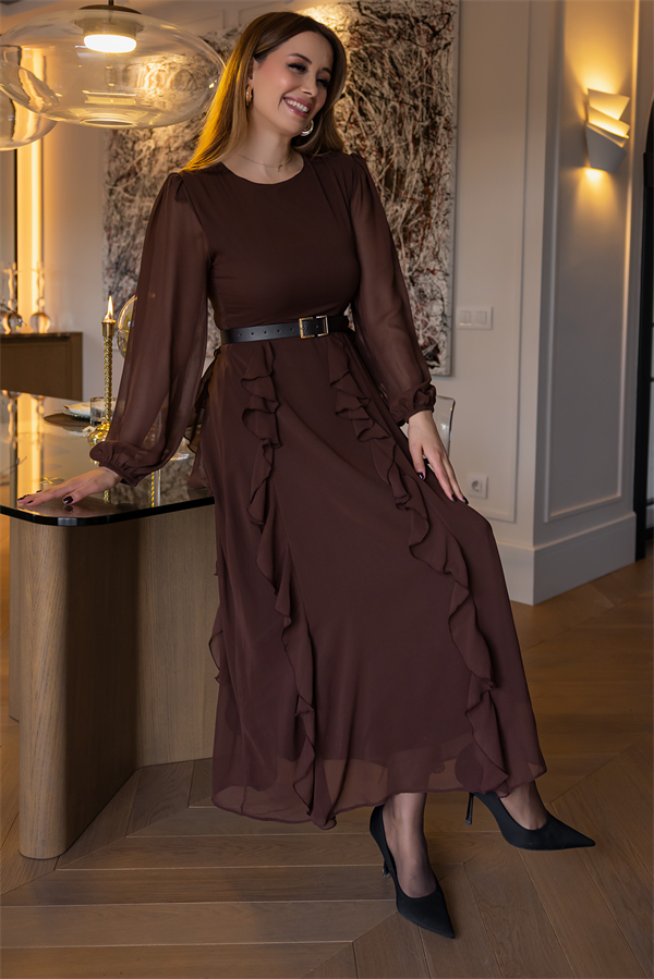 Fırfır Detaylı Şifon Elbise - KAHVERENGİ
