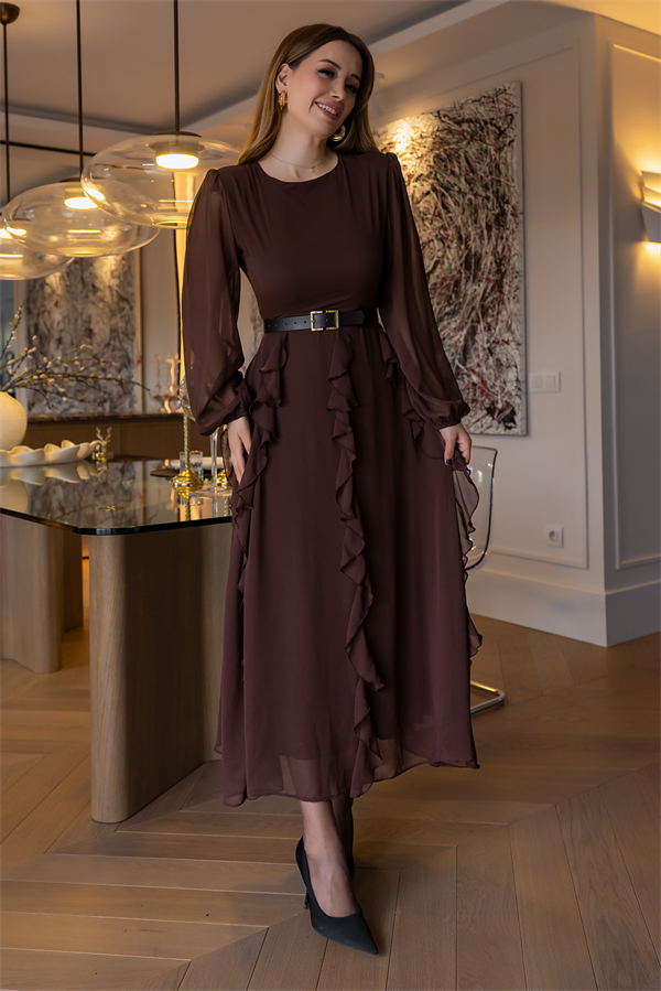 Fırfır Detaylı Şifon Elbise - KAHVERENGİ