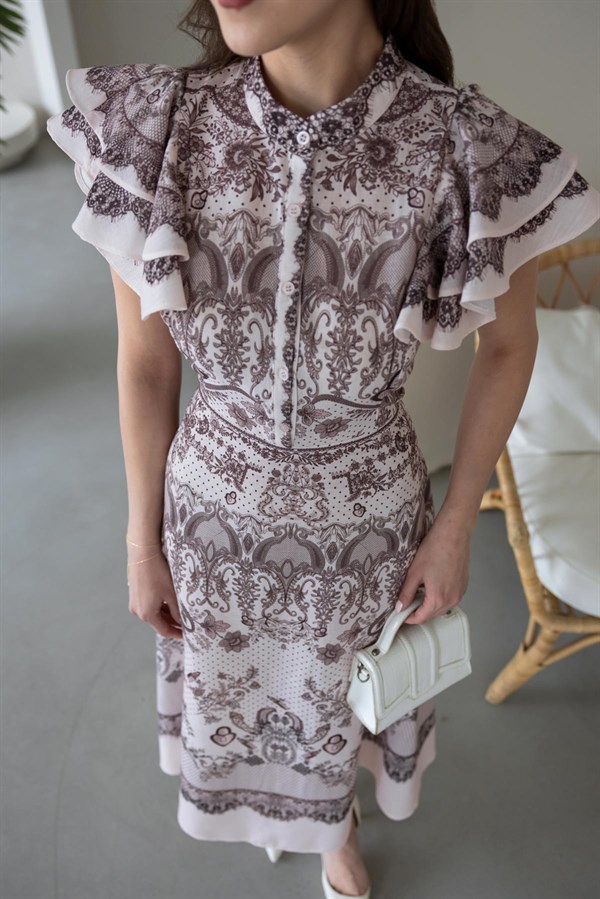 Fırfır Kollu Desenli Elbise - KAHVERENGİ