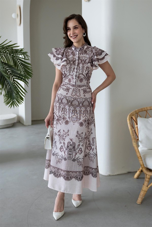 Fırfır Kollu Desenli Elbise - KAHVERENGİ