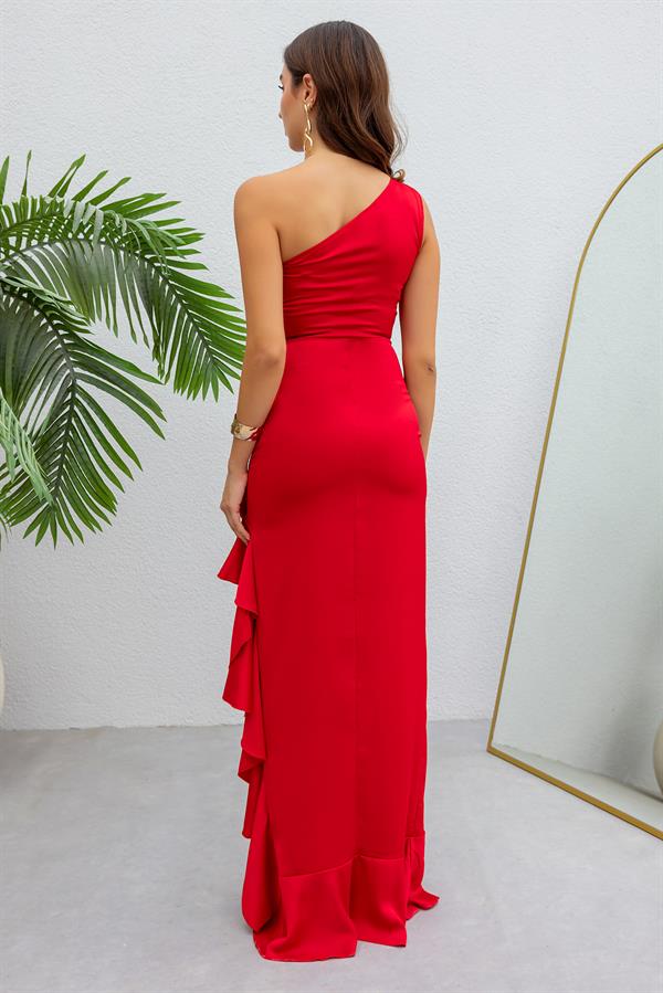 Fırfırlı Gece Elbisesi - KIRMIZI