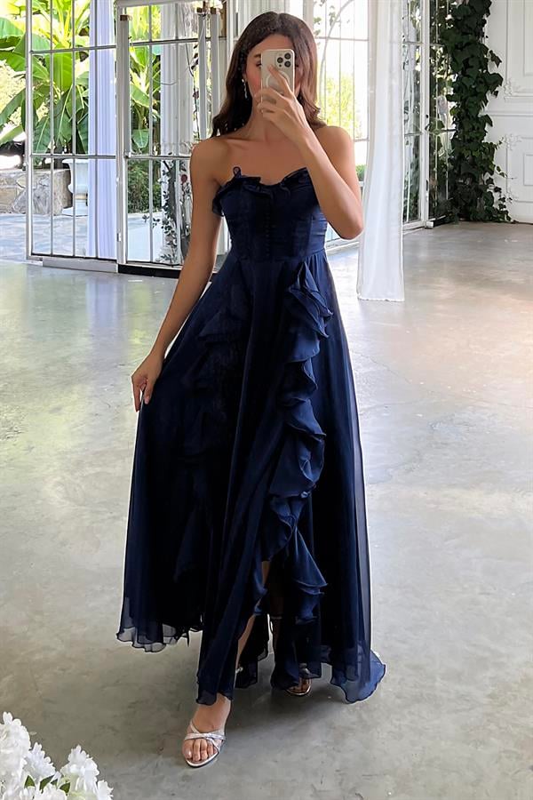 Fırfırlı Uzun Abiye - LACİVERT