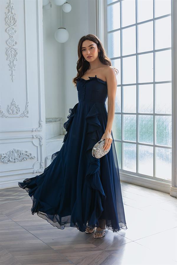 Fırfırlı Uzun Abiye - LACİVERT