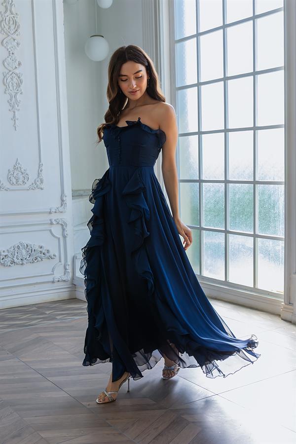Fırfırlı Uzun Abiye - LACİVERT