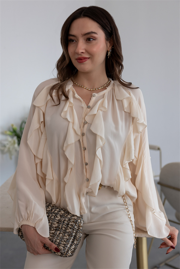 Fırfırlı Vual Gömlek - EKRU