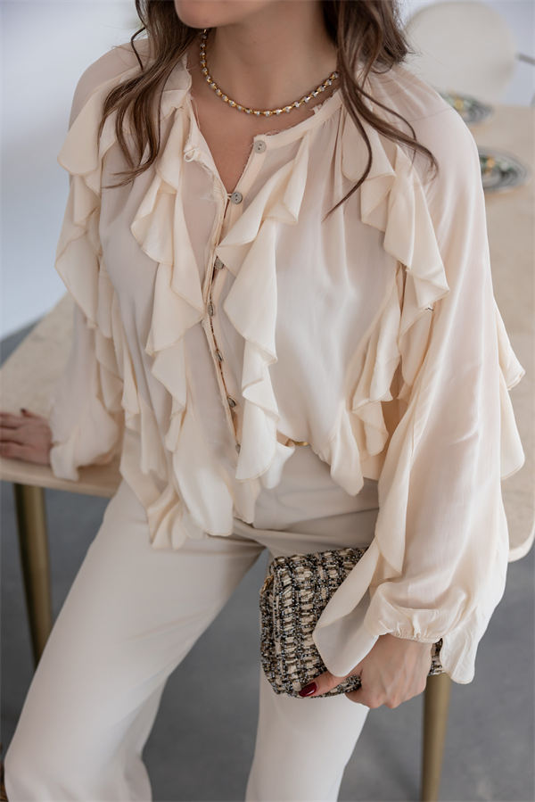 Fırfırlı Vual Gömlek - EKRU